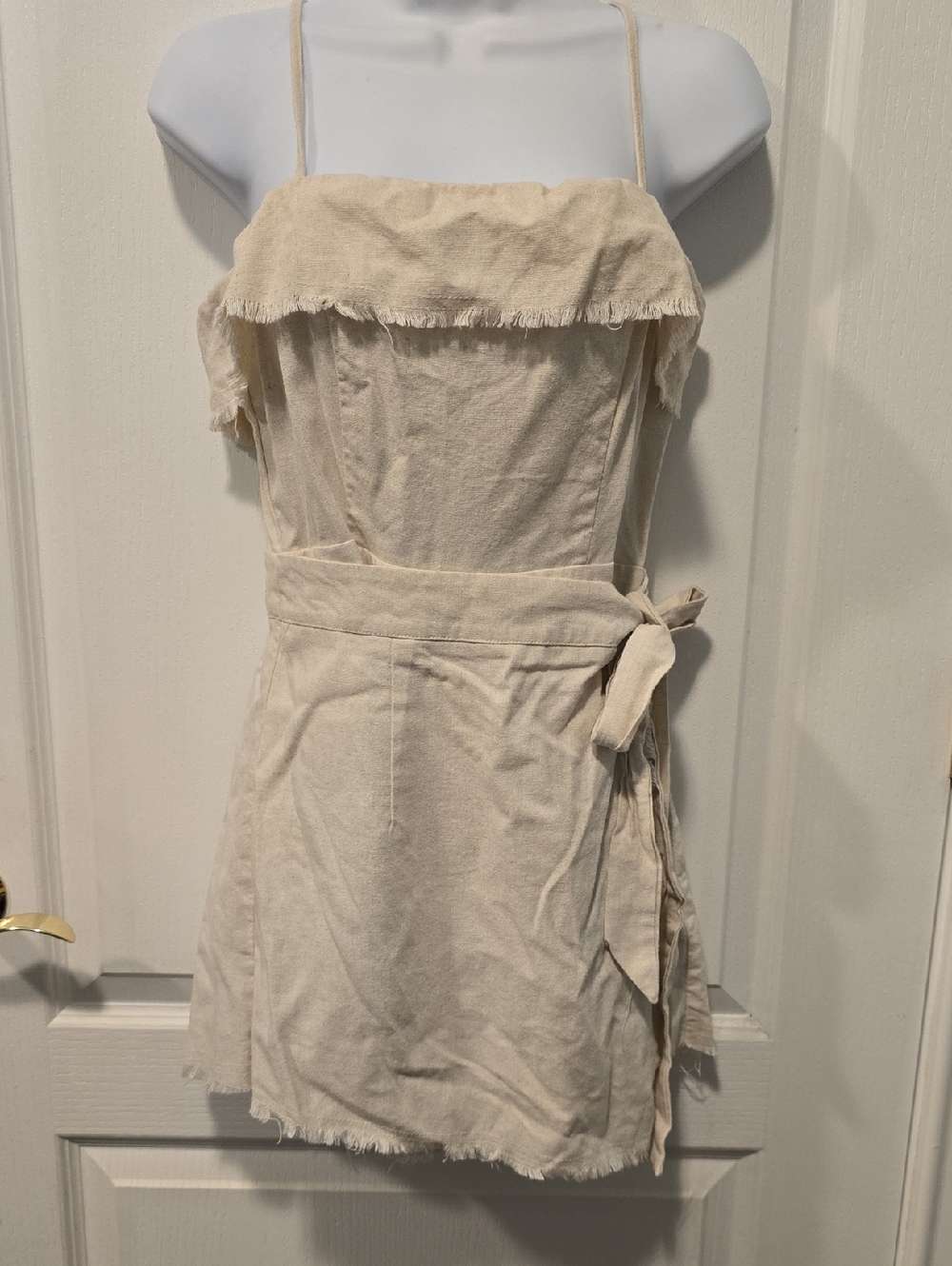 Princess Polly Cream Frayed Trim Tie Wrap Waist Linen Dress Skort Size 8 L  D020